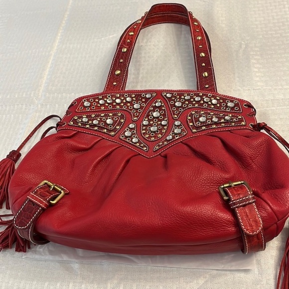 Sharif Studio Red Pebbled Handbag with Rhinestones, Used Once. - Picture 11 of 13